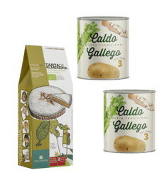 Caldo gallego de Porto-Muiños y preparado de tarta de Santiago de Porto-Muiños