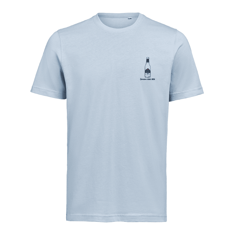 Camiseta Estrella Galicia de tela de algodón azul claro de camiseta con serigrafía negra detallada del una botella de cerveza. 