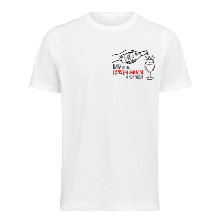 Camiseta casual de algodón con el lema cervecero "Nada que una Estrella Galicia no pueda arreglar", disponible en color blanco y con varias tallas, muy cómoda y a la moda.