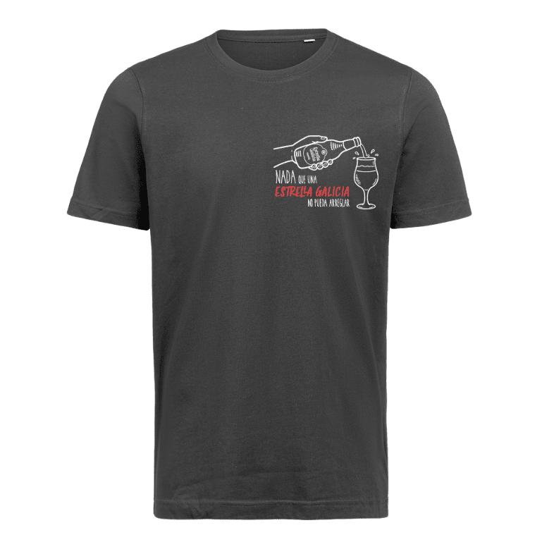 Camiseta casual de algodón con el lema cervecero "Nada que una Estrella Galicia no pueda arreglar", disponible en color negra y con varias tallas, muy cómoda y a la moda.