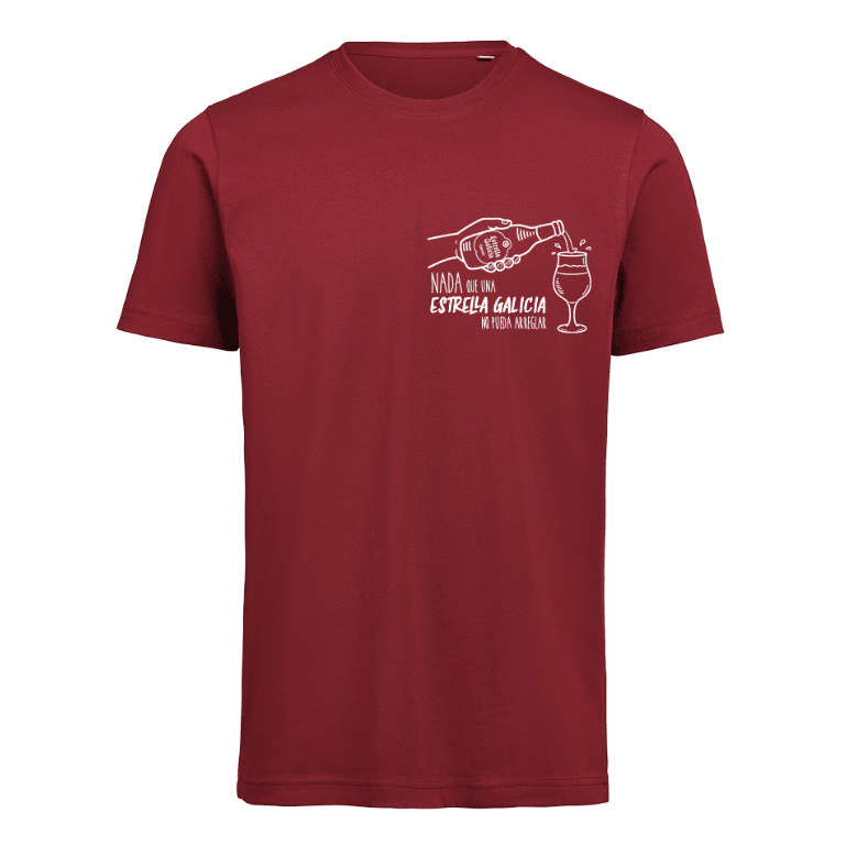 Camiseta casual de algodón con el lema cervecero "Nada que una Estrella Galicia no pueda arreglar", disponible en color rojo y con varias tallas, muy cómoda y a la moda.