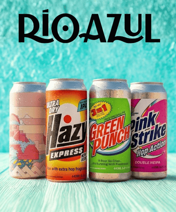 Latas de cerveza Río Azul y logo, una cervecera moderna que destaca por crear cervezas vibrantes, equilibradas y con un perfil intensamente lupulado que conquista a cualquier paladar.