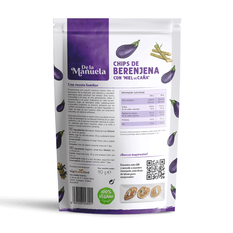 Chips de berenjena con miel de caña de De la Manuela, bolsa de 90 g
