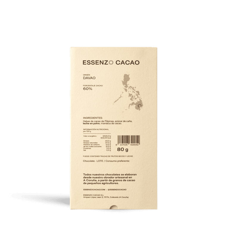 Chocolate Dark Milk Essenzo Filipinas 60% de Essenzo Cacao, 1 tableta de 80 g