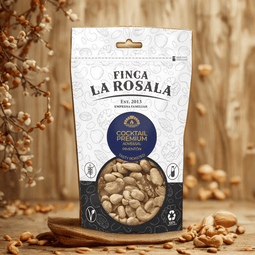 Una bolsa de Cocktail Premium de 150 g con cacahuetes sin piel, almendras Valencia, anacardos y nueces pecanas, tostado a mano con sal y pimentón de la Vera, para un snack crujiente y sabroso