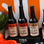 tres botellas de cervezas artesanales Tyris, Original, Marzen y trigo hechas en Valencia