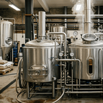 Proceso de elaboración de cerveza en una fábrica.