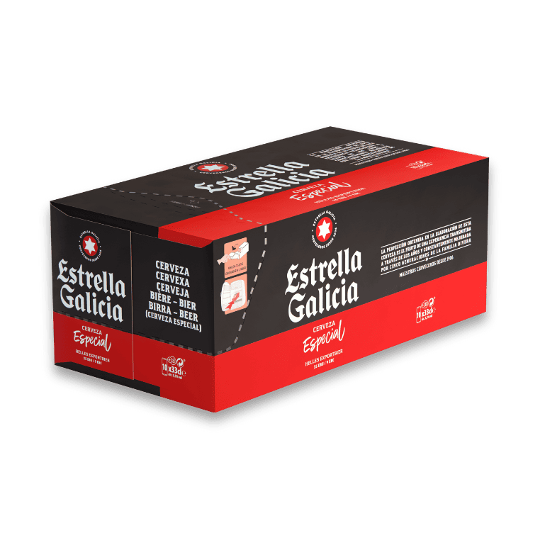 frigopack de 10 latas de cerveza Estrella Galicia Especial de 33 cl, un formato comodísimo para tenerlas siempre a mano.
