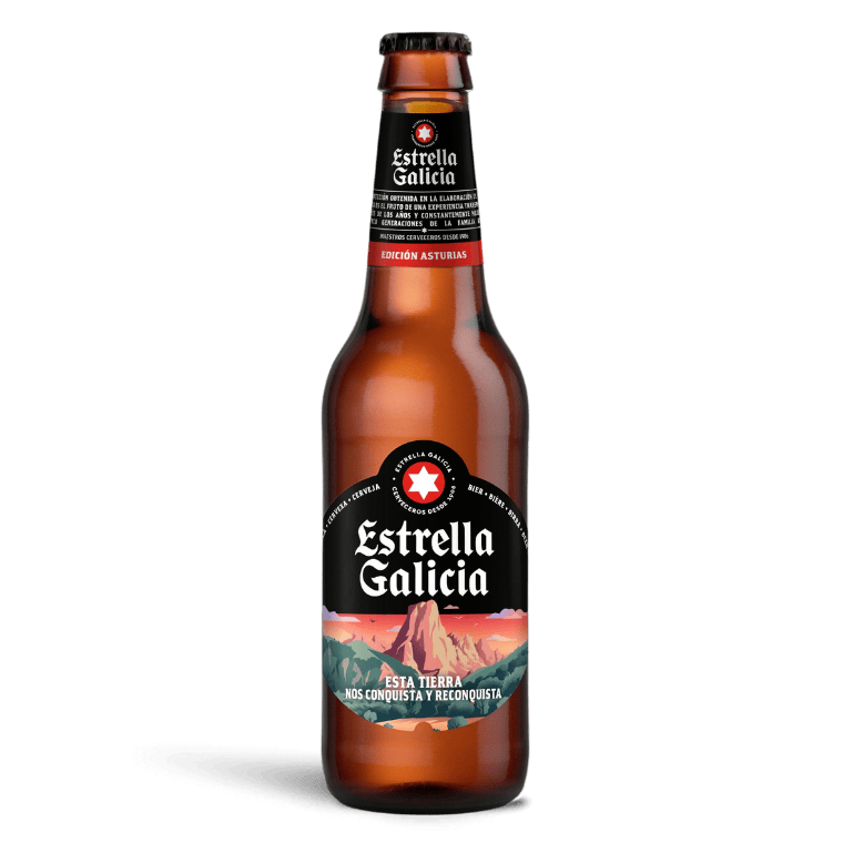 Botella de Estrella Galicia Edición Asturias un homenaje líquido al carácter noble y auténtico de esta legendaria tierra para acompañar tus celebraciones.