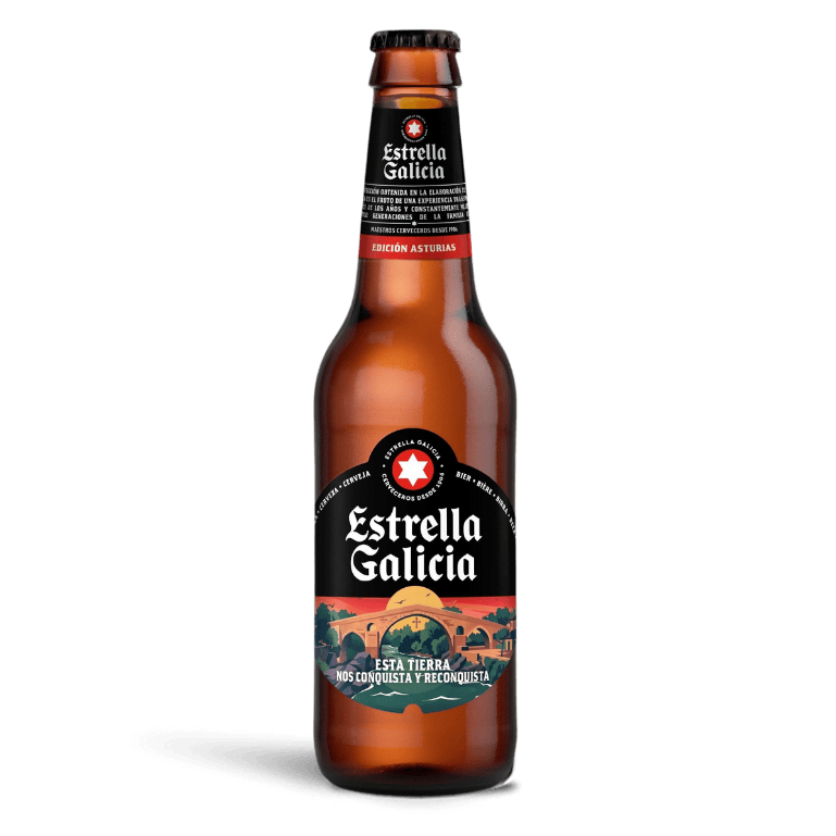 Botella de 33 cl de Estrella Galicia Edición Asturias un homenaje líquido al carácter noble y auténtico de esta legendaria tierra para acompañar tus celebraciones.