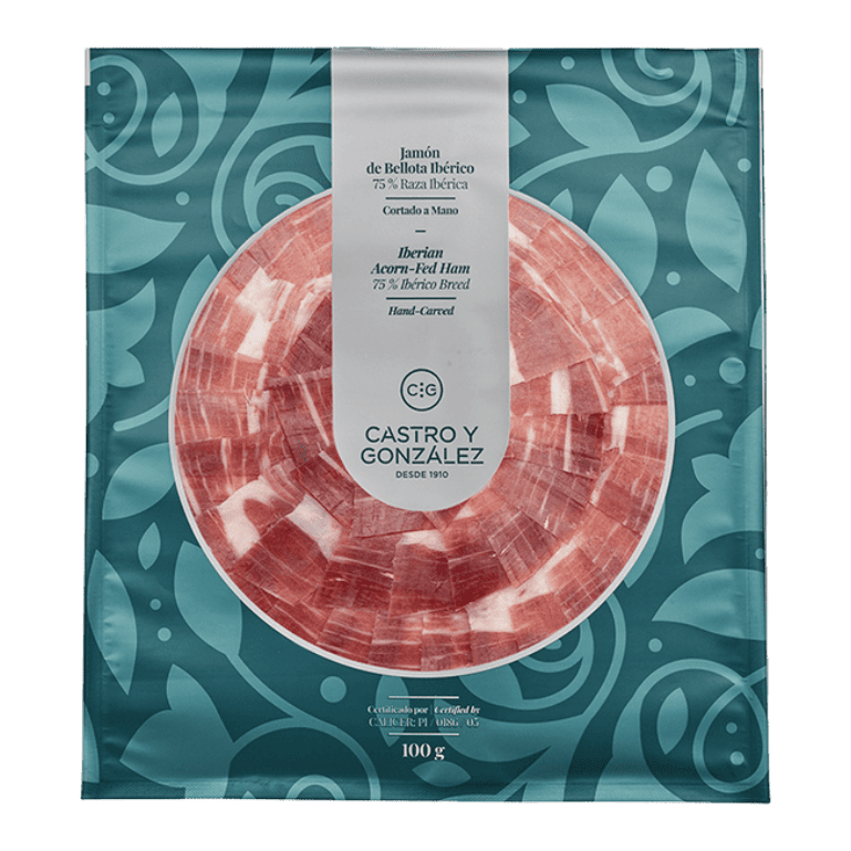Jamón de Bellota Ibérico 75% raza Ibérica cortado a mano de Castro y González, sobres de 100 g