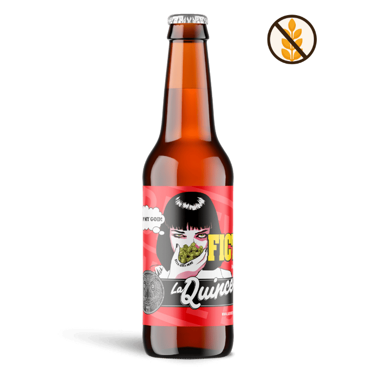 Botella de cerveza La Quince Hop Fiction de 33 cl, una American Pale Ale gluten free inspirada en Pulp Fiction, altamente lupulada con matices cítricos, un balanceado sabor a cereal y un final seco y refrescante.