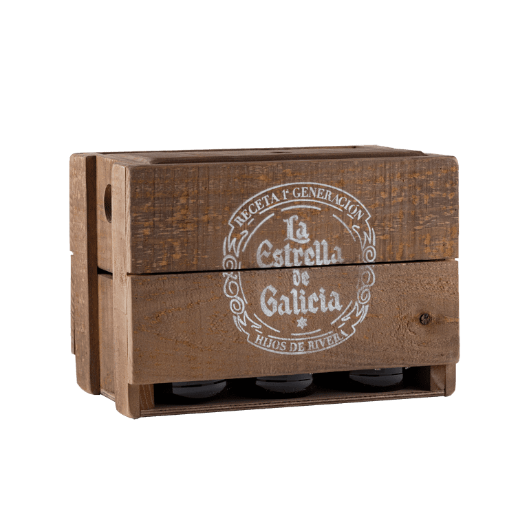 Pack caja madera rústica y la Estrella de Galicia, 6 botellas formato original
