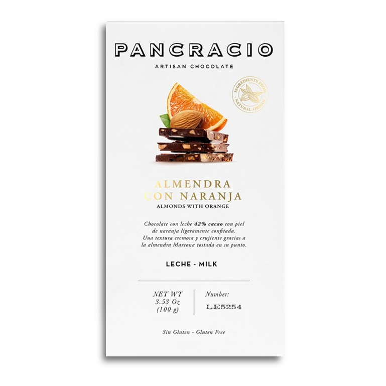 Chocolate con leche, almendras y naranja de Pancracio, 100 g