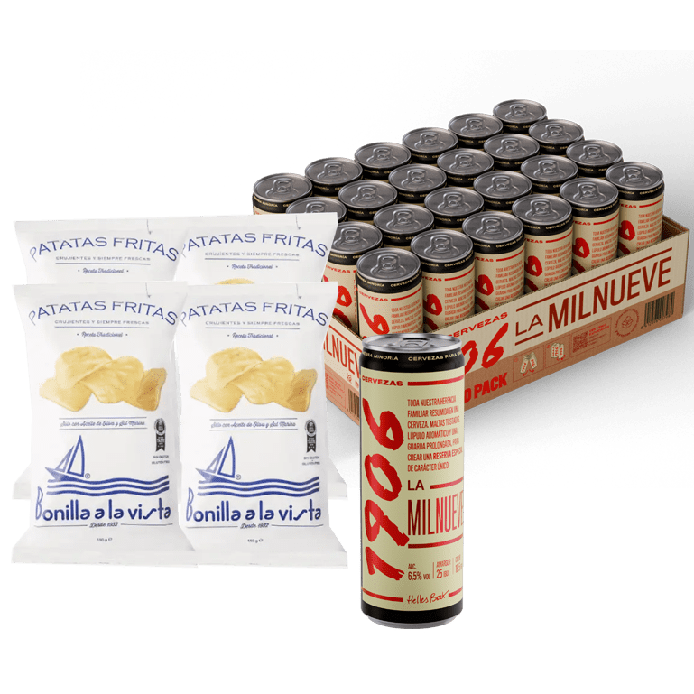 Pack 1906 Reserva Especial, 24 latas de 33 cl + Patatas Bonilla A La Vista, 4 bolsas de 150 g