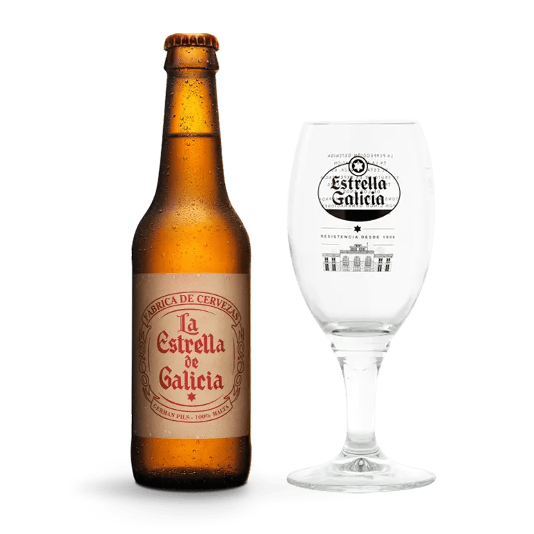 Pack 24 botellas La Estrella de Galicia de 33 cl + 6 copas Atlánticas