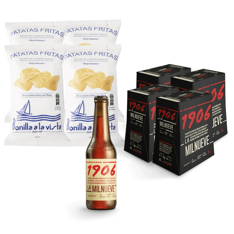 Pack Beer & Chips 1906 Reserva Especial, 24 botellas de 33 cl + Patatas Bonilla A la Vista, 4 bolsas de 150 g