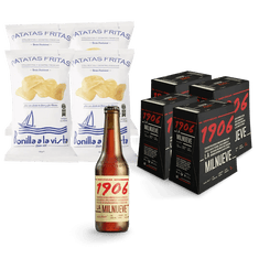 Pack Beer & Chips 1906 Reserva Especial, 24 botellas de 33 cl + Patatas Bonilla A la Vista, 4 bolsas de 150 g