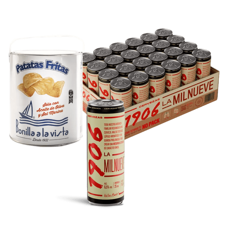 paquete de 24 latas de cerveza 1906 Reserva Especial más patatas bonilla a la vista