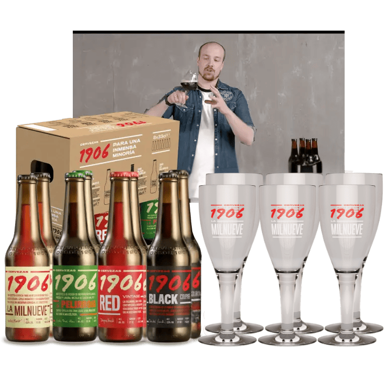 una caja y cervezas 1906 variadas y 6 copas