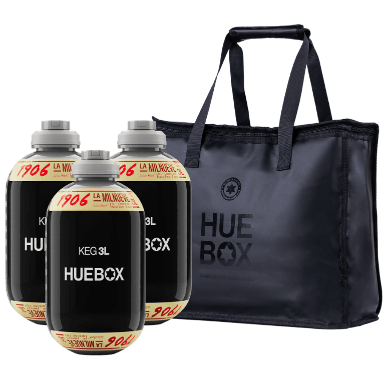 3 barriles de 3 l de 1906 Reserva Especial y una bolsa aislante Huebox para disfrutar del sabor tostado e intenso de una cata exclusiva en donde vayas.