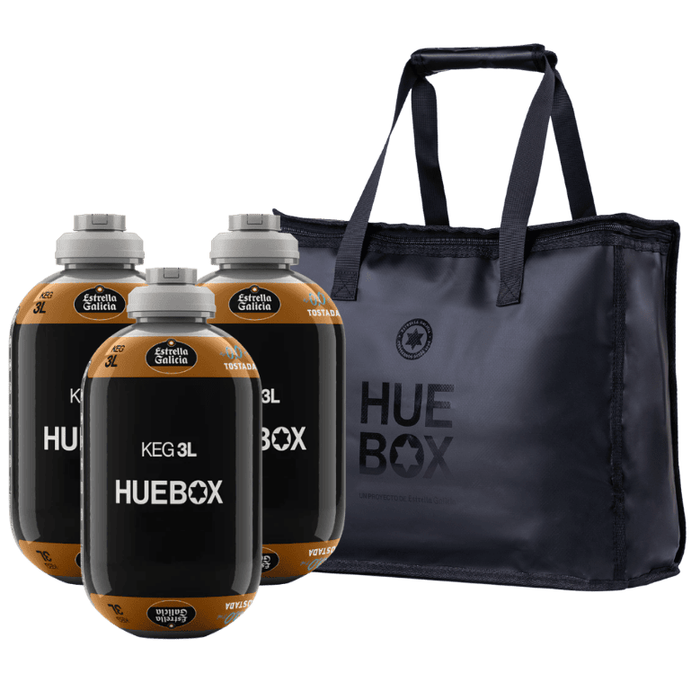3 barriles de 3 l de cerveza sin alcohol tostada con la bolsa térmica Huebox para disfrutar de cañas cremosas e intensas cómodamente donde quieras.