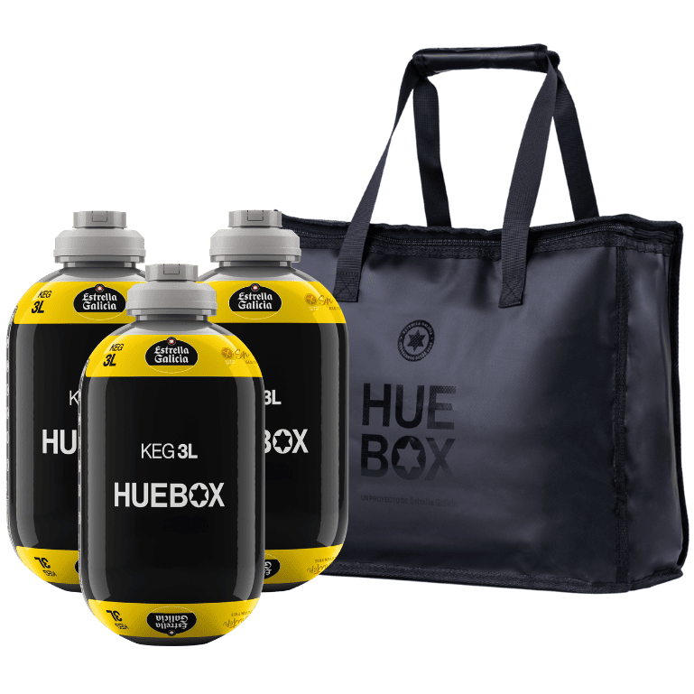 3 barriles de 3 l de la receta tradicional apta para celíacos junto a una bolsa protectora Huebox para conservar y llevar tu cerveza fresca a cualquier destino.