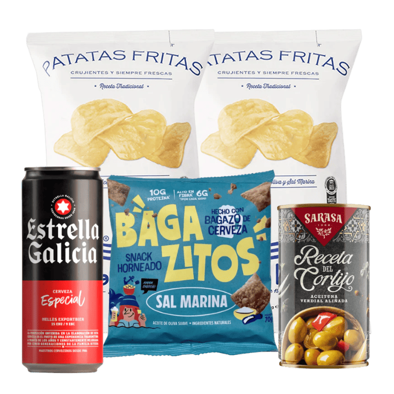 Pack Mundial, un combo para disfrutar de los partidos en casa que incluye 20 latas de Estrella Galicia, dos bolsas de patatas fritas Bonilla a la Vista, una bolsa de Bagazitos Sal Marina y una lata de aceitunas Sarasa.