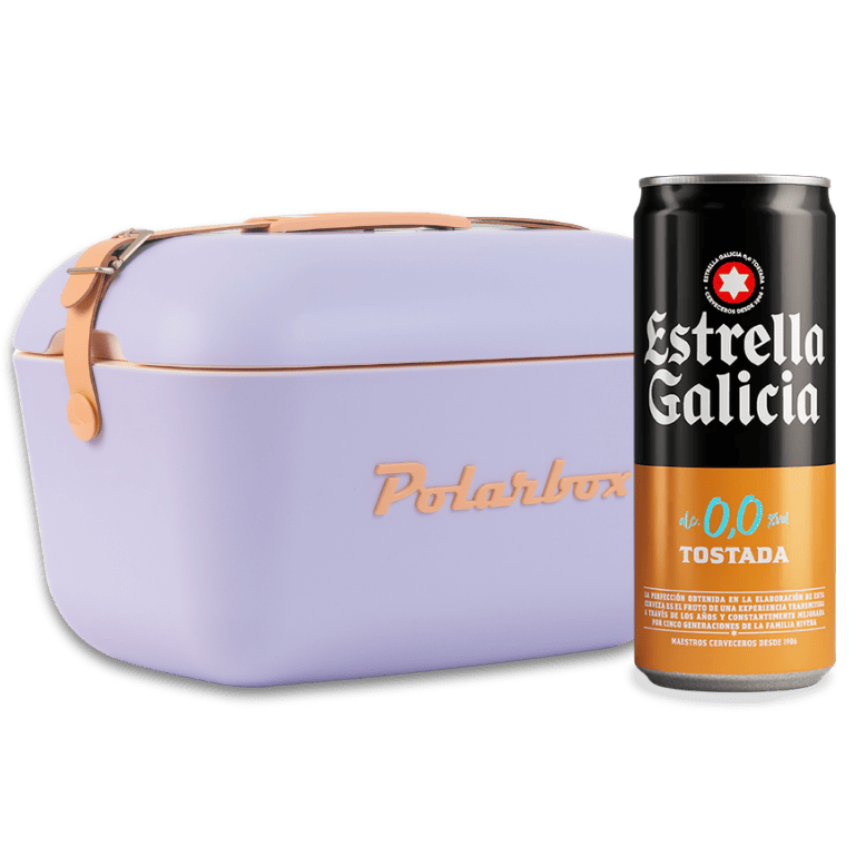Pack Polarbox Malva Con Frigopack de Estrella Galicia 0,0 Tostada, la combinación más estética y con todo el sabor cervecero sin alcohol para disfrutar en cualquier momento.
