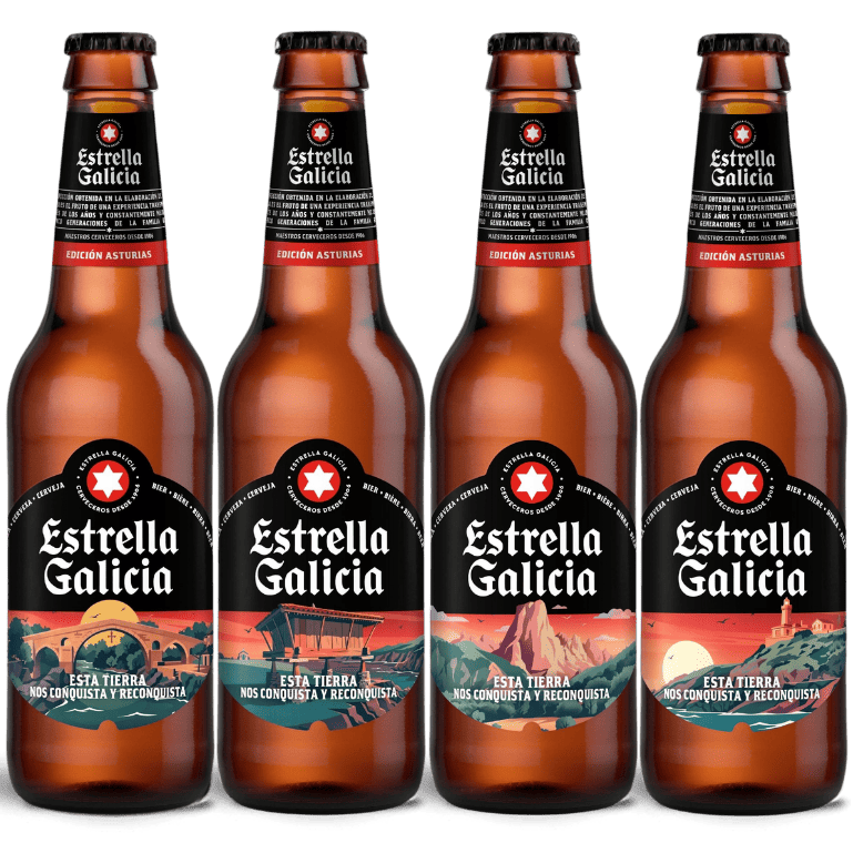 4 botellas de Estrella Galicia Edición Asturias un homenaje líquido al carácter noble y auténtico de esta legendaria tierra para acompañar tus celebraciones.