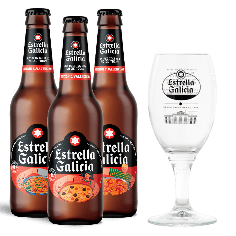 Pack de 3 botellas de 33 cl de Estrella Galicia Edición Valencia con una copa Atlántica, un homenaje al fuego, la tradición y el espíritu mediterráneo.