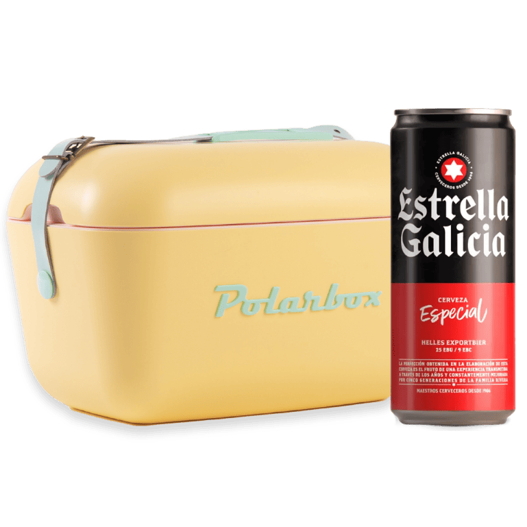 Pack Polarbox amarilla con lata de Estrella Galicia Especial, elegante, chic y con todo el sabor tradicional de Estrella Galicia para refrescar tus planes.