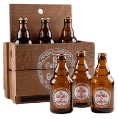 Pack caja madera rústica y la Estrella de Galicia, 6 botellas formato original