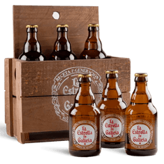 Pack caja madera rústica y la Estrella de Galicia, 6 botellas formato original