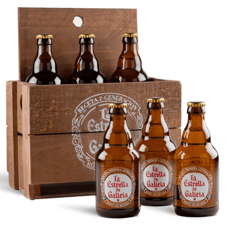 Pack caja madera rústica y la Estrella de Galicia, 6 botellas formato original