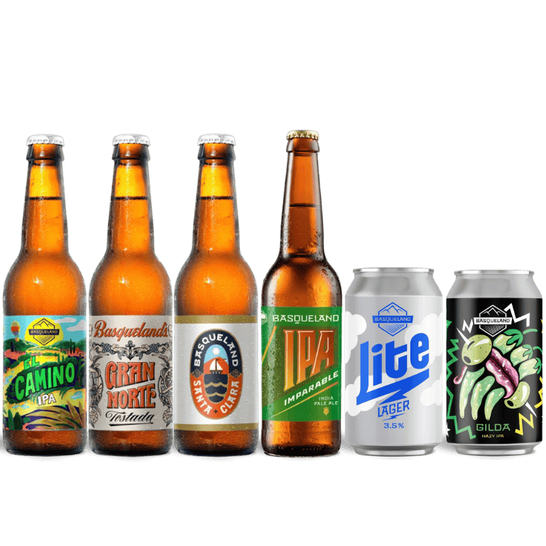 Un pack de cervezas Basqueland con una selección de variedades craft con diversos estilos en formato lata y botella de 33 cl.