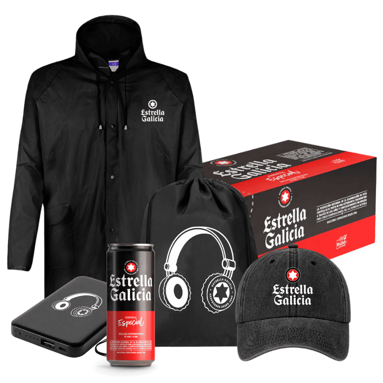 Pack festival de Estrella Galicia, el combo definitivo para tus conciertos porque te trae las 10 cervezas fresquitas junto a todos los accesorios oficiales para disfrutar de la música sin que te falte de nada.