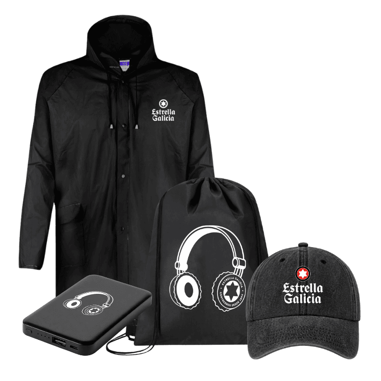 Pack festival de Estrella Galicia, un kit de accesorios oficiales perfecto para llevarte de música en directo para ir bien equipado, cómodo y con batería de sobra.