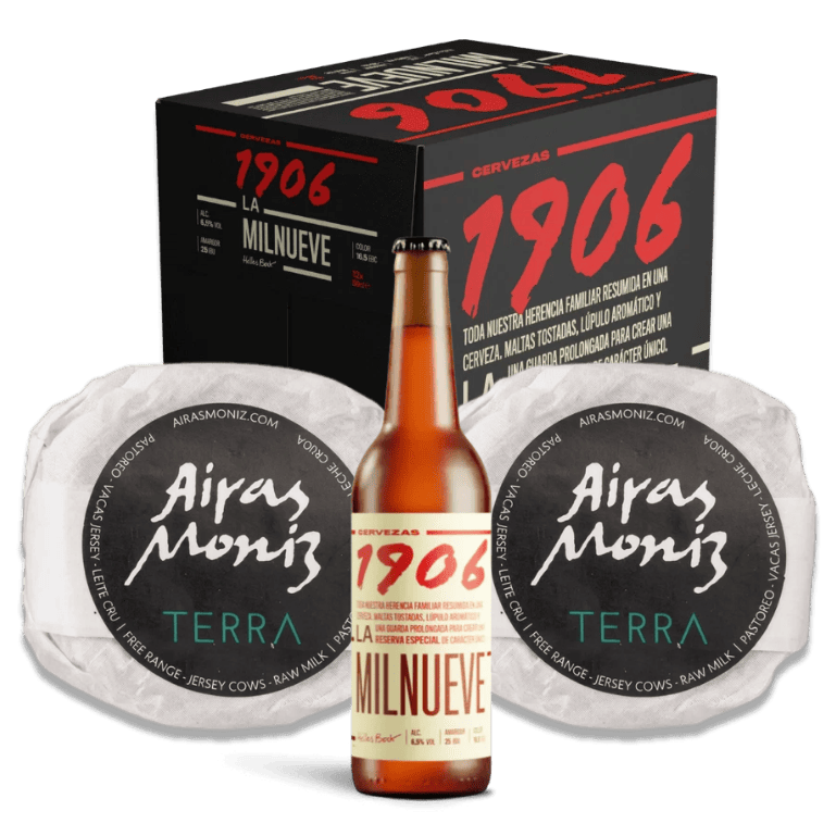 Un pack maridaje con caja de 12 botellas 1906 La Milnueve y dos piezas de queso Terra Airas Moniz 250 g, productos gallegos de alta calidad.