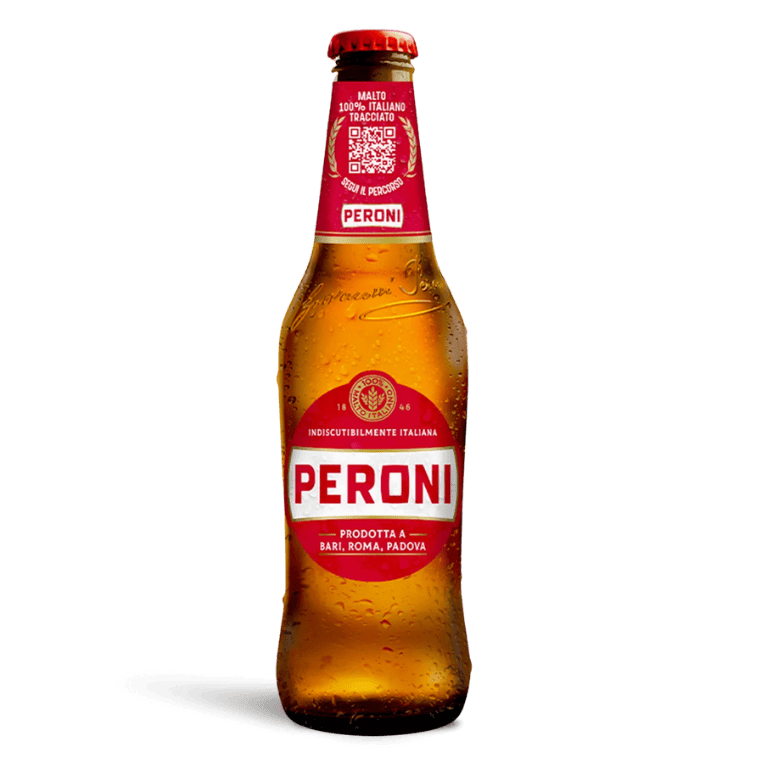 Cerveza Peroni Red Label, una lager italiana que está hecha con 100% malta procedentes de cultivos de Italia, botella de 33 cl.