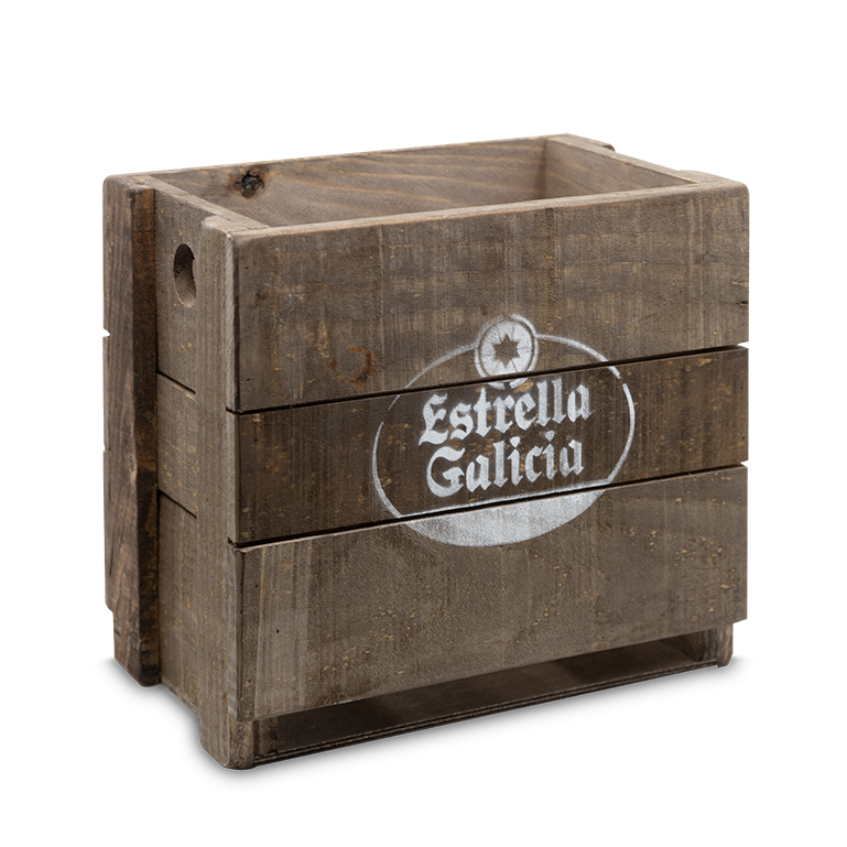 Caja de madera rústica de Estrella Galicia