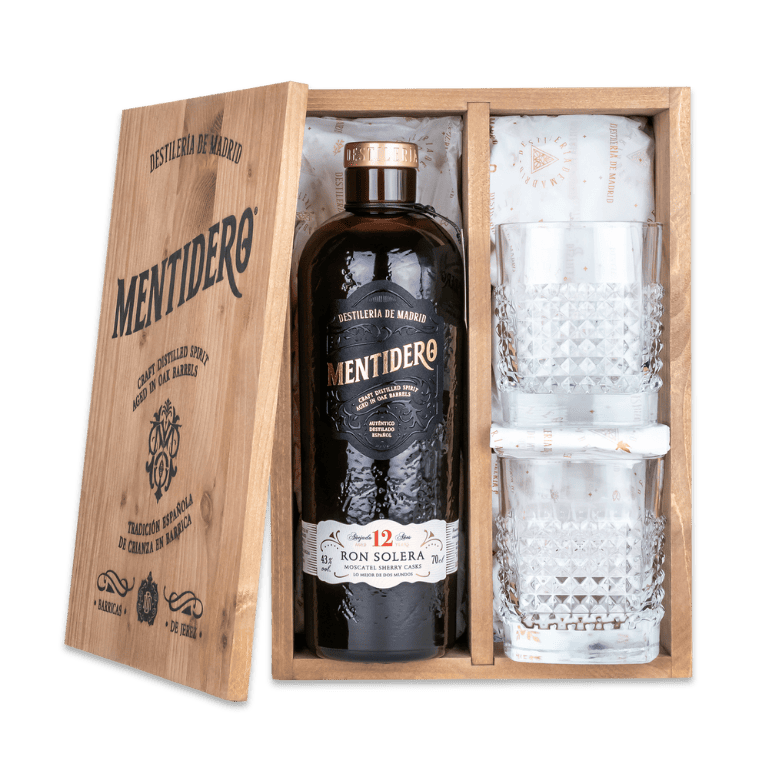 Ron Mentidero Solera caja regalo 12 años con 2 vasos de Destilería de Madrid