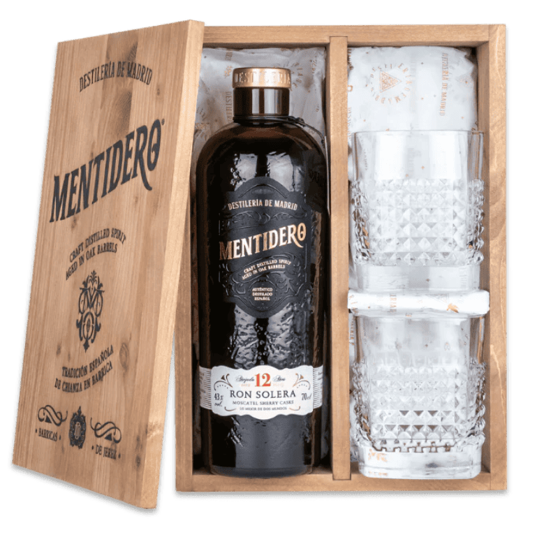 Ron Mentidero Solera caja regalo 12 años con 2 vasos de Destilería de Madrid
