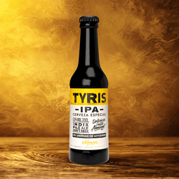 una botella de cerveza artesana Tyris IPA con un fondo amarillo, una India Pale Ale hecha en Valencia con un sabor deliciosamente amargo