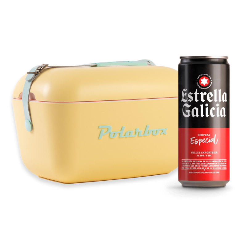 Verano Vintage: Nevera Polarbox Amarilla + 24 Latas Estrella Galicia