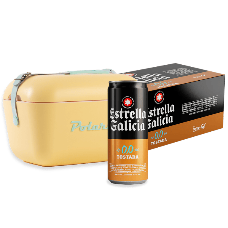 pack para disfrutar del verano con estilo y frescura con la ligera nevera Polarbox y el sabor natural del frigopack de Estrella Galicia 0,0 Tostada.