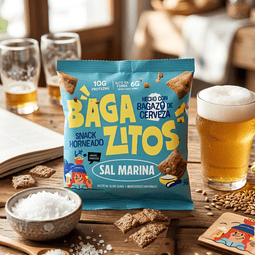 Una bolsa de Bagazitos con cervezas en una mesa, un snack con ingredientes naturales y el toque justo de sal marina en un bocado que nunca ha pasado por la freidora.
