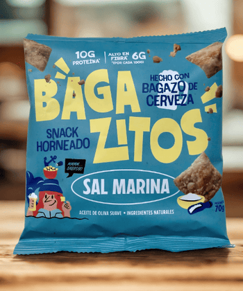bolsa de Bagazitos que contiene el crujido perfecto de la cebada horneada con un 50% menos de grasa que los snacks habituales.