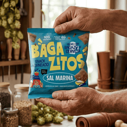 Persona sostiene una bolsa de Bagazitos que es un tesoro de fibra y proteína rescatada de la cerveza para un picoteo consciente y ligero.