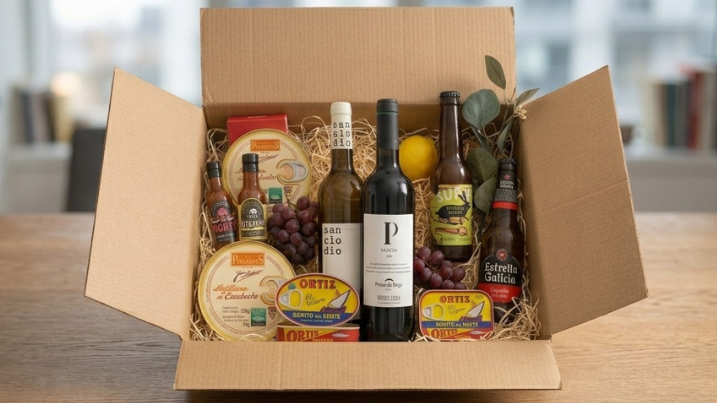 Una caja con productos de regalos gourmets como vinos, cervezas artesanales, conservas, salsas y más.